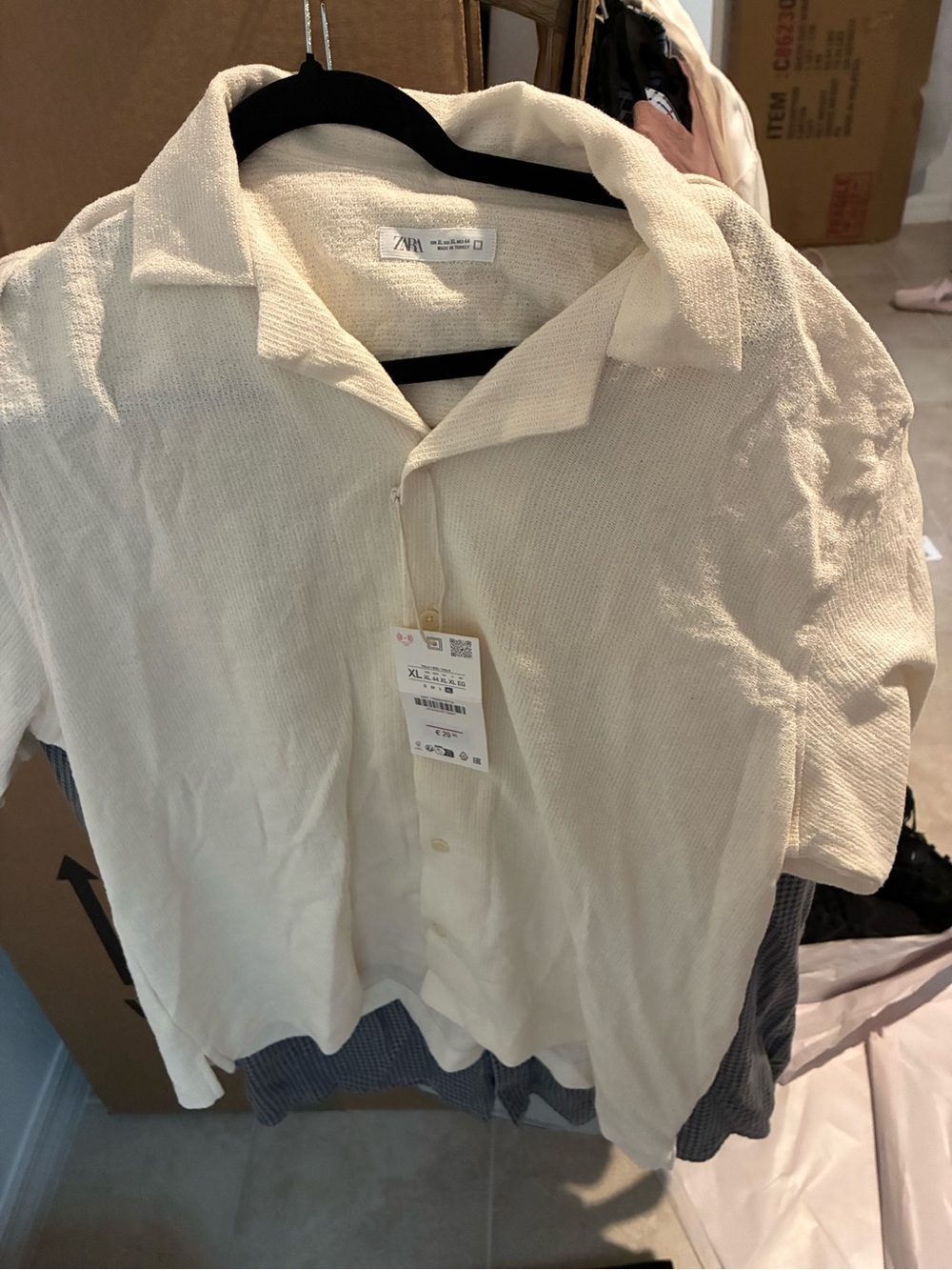 Zara Men Cream Short Sleeve Textured Button-Down Shirt